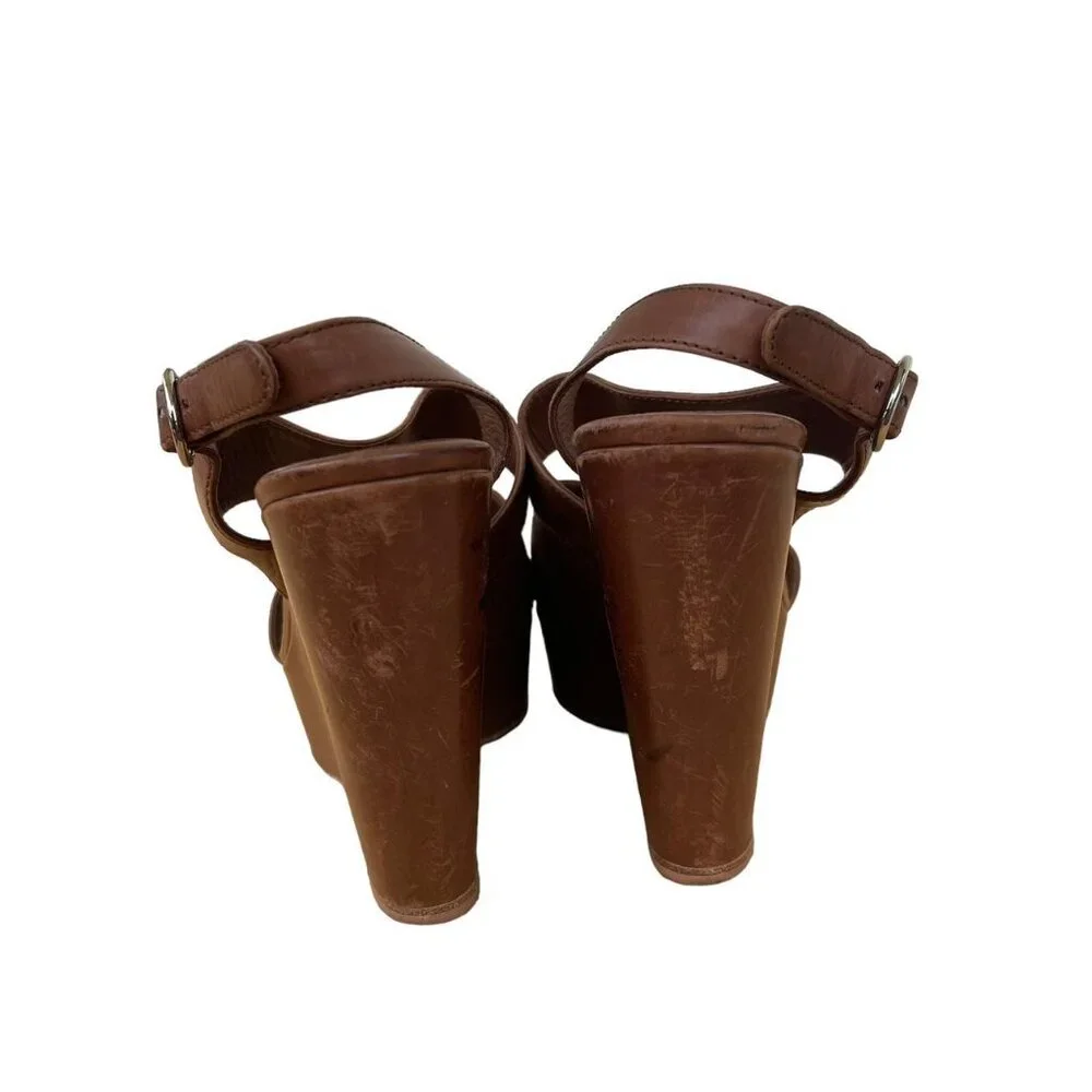 Prada Brown Leather Platform Wedge Sandals Open Toe Slingback Size 37